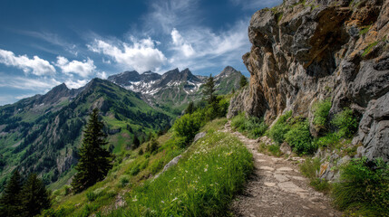 A scenic mountain trail winds along a rocky cliffside, offe stunning views of snow capped peaks and lush green valleys under a bright blue sky with clouds.