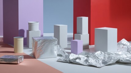 Geometric product display with cubes foil and boxes on pastel background for branding packaging presentation photography advertisement visuals concept design