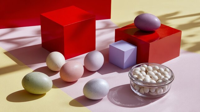 Cosmetic capsules and colorful blocks for supplement product branding photography presentation advertisement packaging display health visuals vitamins concept