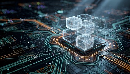 Advanced blockchain data cubes on futuristic microchip – digital ledger technology, decentralized processing, secure network infrastructure, high-tech circuit board innovation concept