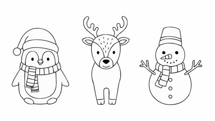 Cute Christmas Characters Penguin Reindeer Snowman Line Art.