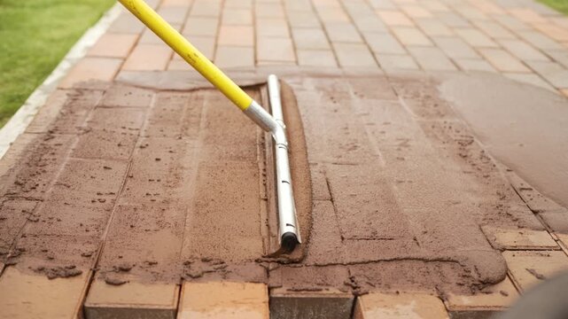 Applying sealant to a paver brick patio with a squeegee tool