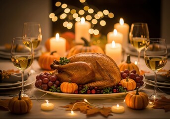 Thanksgiving dinner table with roasted turkey and candles