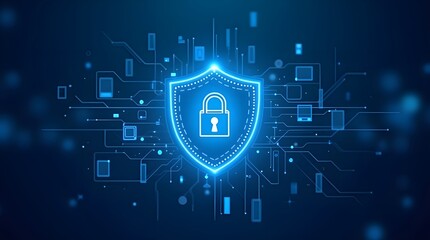 Cybersecurity shield with glowing padlock icon on digital network background illustrating secure data protection, encryption safety system and modern cyber defense technology concept
