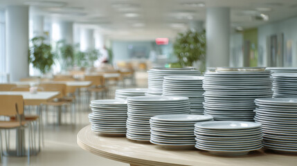 Clean stacks of ceramic plates on serving table in cafeteria tech layoffs mood with soft light and empty dining area