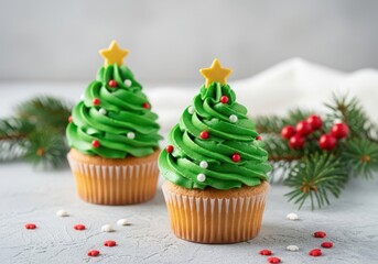 Two christmas tree cupcakes with green frosting and star