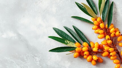 Fresh sea buckthorn berries with green leaves on marble background