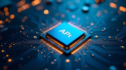 Api microchip on futuristic circuit board showcasing modern software integration, digital connectivity, backend technology, data transfer and high-tech innovation concept