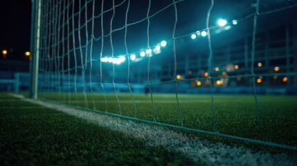 Football pitch at night featu the goal net focus with bright stadium lights illuminating the artificial green turf du a championship match game day.