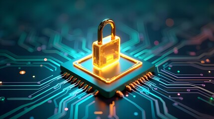 Secure microchip with glowing padlock on advanced circuit board representing cybersecurity, encryption, data protection and modern digital hardware security technology
