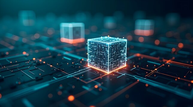 Blockchain data cube on futuristic digital network grid with glowing neon connections – advanced distributed ledger technology, secure transaction processing and modern crypto infrastructure concept - Powered by Adobe