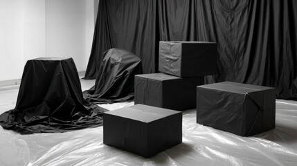 Black boxes with fabric backdrop for luxury product branding packaging photography advertisement presentation visual concept minimal elegant studio display