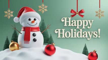 3D Snowman with Santa Hat and Holiday Greetings on Snowy Background