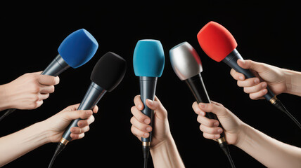 Multiple Hands Holding Dynamic Colored Microphones in a Press Conference Setting