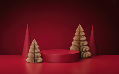 Minimal Red Christmas Product Display with Geometric Shapes and Wooden Pine Trees