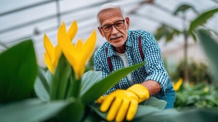 Elderly gardener tending tropical plants in greenhouse