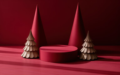 Minimal Red Christmas Product Display with Geometric Shapes and Wooden Pine Trees