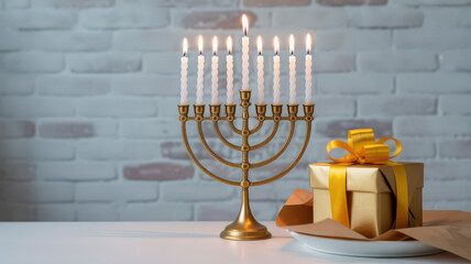 Lit golden menorah with nine white candles and a gold-wrapped gift box against a white brick wall