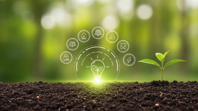Renewable energy and sustainability concept. Eco light bulb glowing beside a young plant with environmental technology icons. Perfect for green growth, ecological solutions, climate awareness visuals.