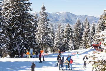 Skiing on ski resort Pamporovo in the Rhodopes mountains in Bulgaria