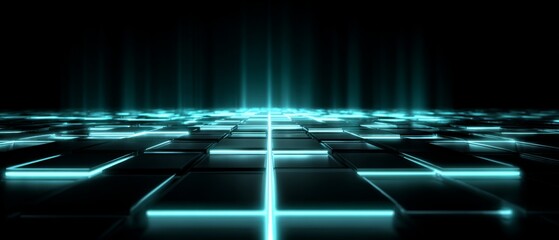 Futuristic Glowing Grid of Digital Blue Panels in Dark Space