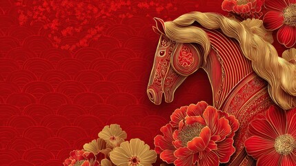 Elegant Chinese New Year Horse with Red and Gold Floral Design