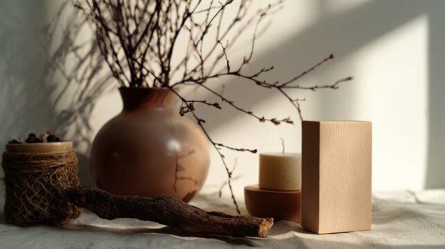 Minimal Japanese-style pottery with dry branches for natural branding photography product packaging presentation advertisement display visual home concept