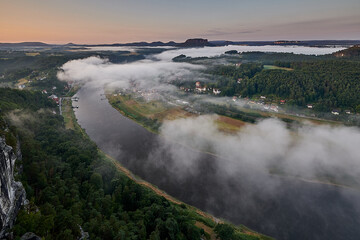 Morning Fog over the Elbe at Bastei, Saxon Switzerland