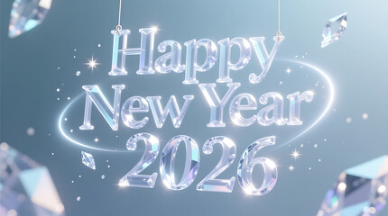 Elegant and sparkling happy new year 2026 text with shimmering crystal elements and a soft glowing aura against a cool blue background perfect for festive celebrations and greetings