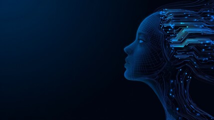 Obraz premium Digital human face with flowing data lines on dark background