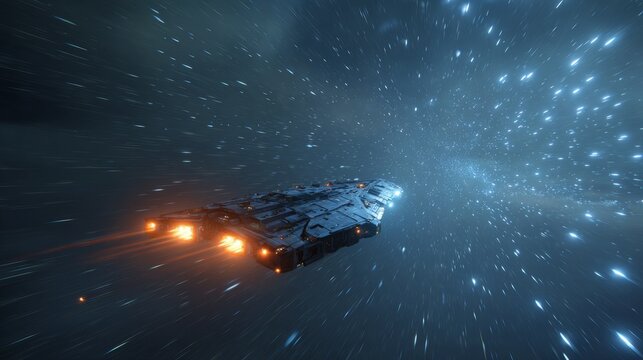 Futuristic spaceship flying through deep space with glowing thrusters - Powered by Adobe