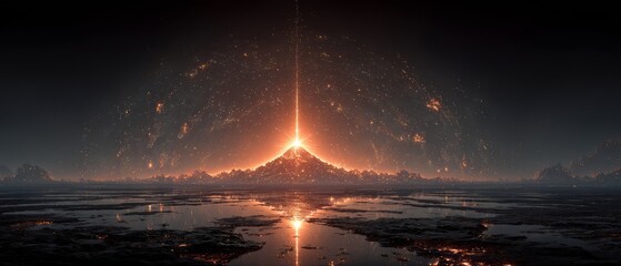 Exploding volcano at night with glowing lava