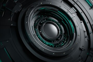 Futuristic Metallic Core with Glowing Teal Rings and Mechanical Design