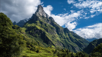 A striking, rocky mountain peak rises majestically against a cloudy blue sky, with lush green vegetation cove its lower slopes on a beautiful sunny day.