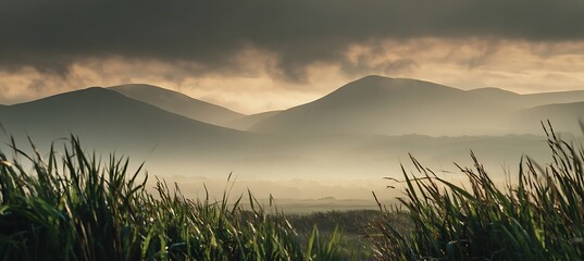 Obraz premium Misty mountain range silhouette at sunrise or sunset viewed over tall, windswept green grass under dramatic, dark clouds