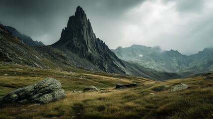 Majestic mountain peak towers over a grassy valley beneath an atmospheric cloudy sky, creating a dramatic and imposing landscape in the rugged wilderness.