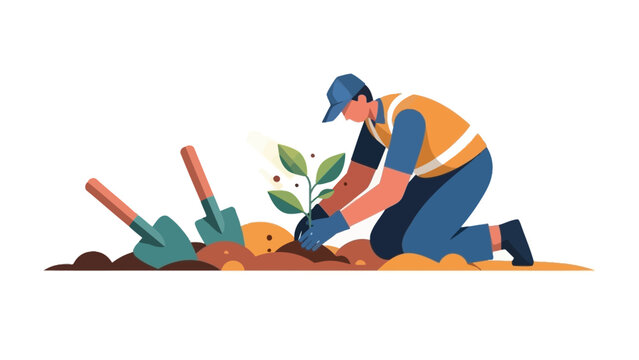 Dedicated Worker Planting Seedling to symbolize Environmental Stewardship and Long-Term Corporate Investment