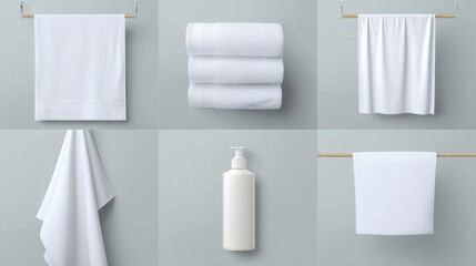 White towels and toiletries neatly arranged on minimalist wall shelf for bathroom product branding presentation composition hygiene photography display