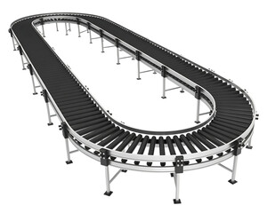 Long curved roller conveyor belt system for industrial automation