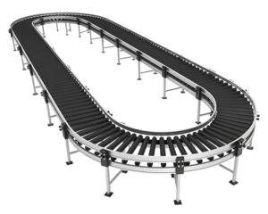 Long curved roller conveyor belt system for industrial automation