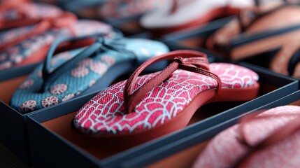 Flip flops neatly arranged in retail shelf display for summer fashion product branding photography casual footwear composition tropical design