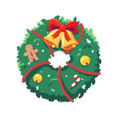 Festive Christmas Wreath with Red Ribbon and Decorations Vector