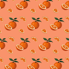 Orange background with whole and sliced ​​oranges.Vector seamless pattern with whole and sliced ​​oranges on a colored background.