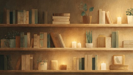 Fototapeta premium 暖色ライトが灯る書棚インテリア 水彩風アート背景