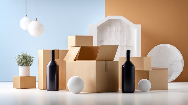 Cardboard boxes and bottles styled with geometric shapes for packaging branding photography product composition on white background studio