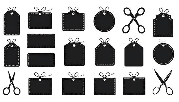 Black silhouette vector set of various shape tags with string and two pairs of open scissors against white background