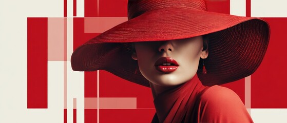 Elegant Woman in Red with Wide-Brimmed Hat and Bold Lipstick