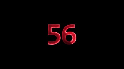 Neon text 56 number countdown icon background 4k animation .Neon number 56 with alpha channel, neon numbers, Bright neon glowing number 56 animation.