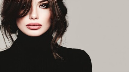 Fashionable Woman with Bold Makeup and Black Turtleneck in Minimalist Portrait