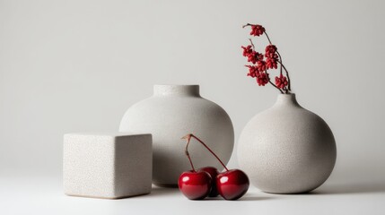 White ceramic vases with red berries for home decor product photography and minimalist interior design branding concept composition